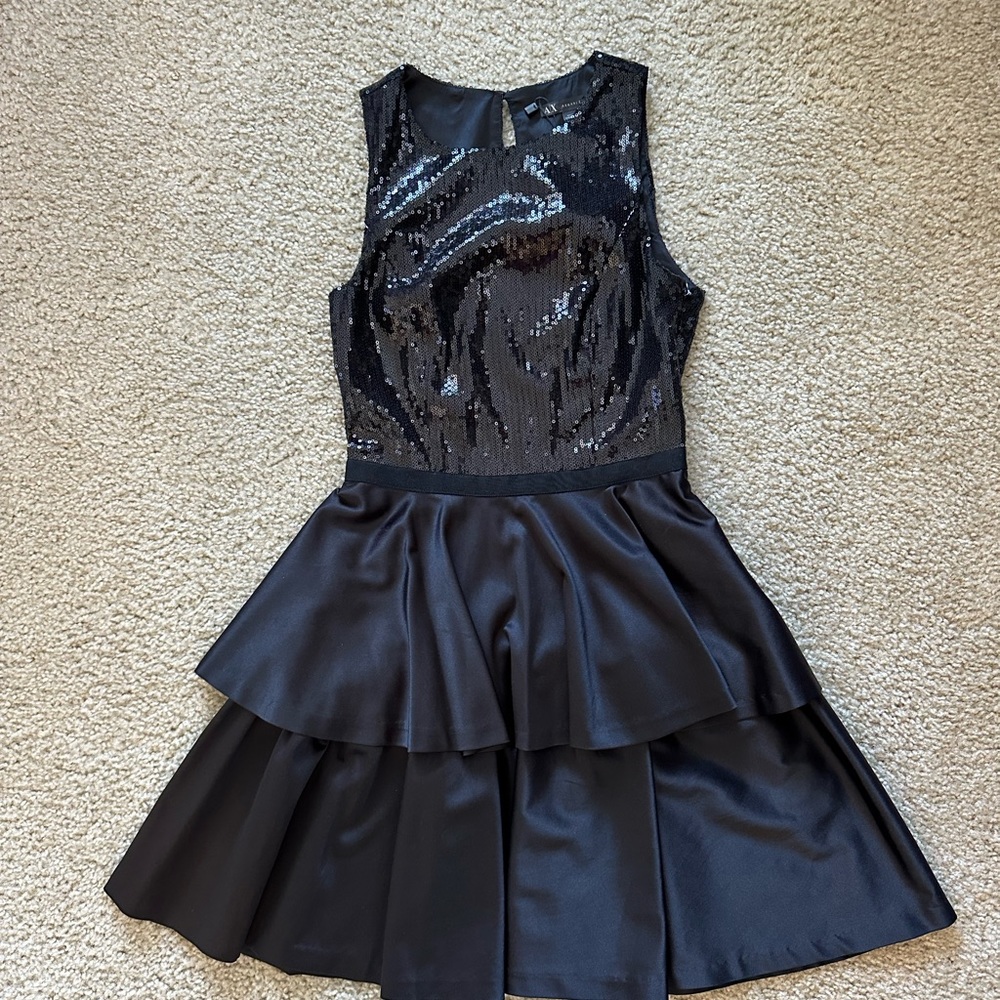 NWT Armani exchange black sequins top with satin skirt dress, holiday party